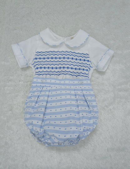 Baby blue stripe smocked boys romper