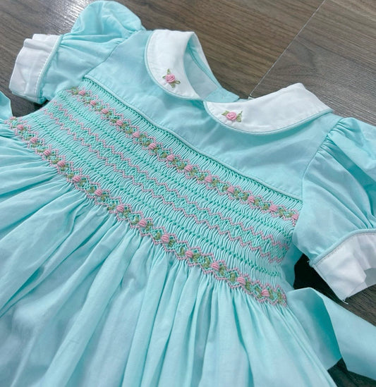 Mint smocked dress with pink embroidery