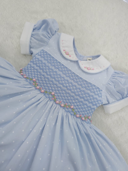 Blue polkadot smocked dress HERE IN 10 DAYS