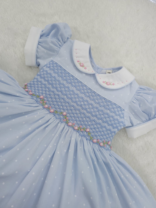Blue polkadot smocked dress HERE IN 10 DAYS