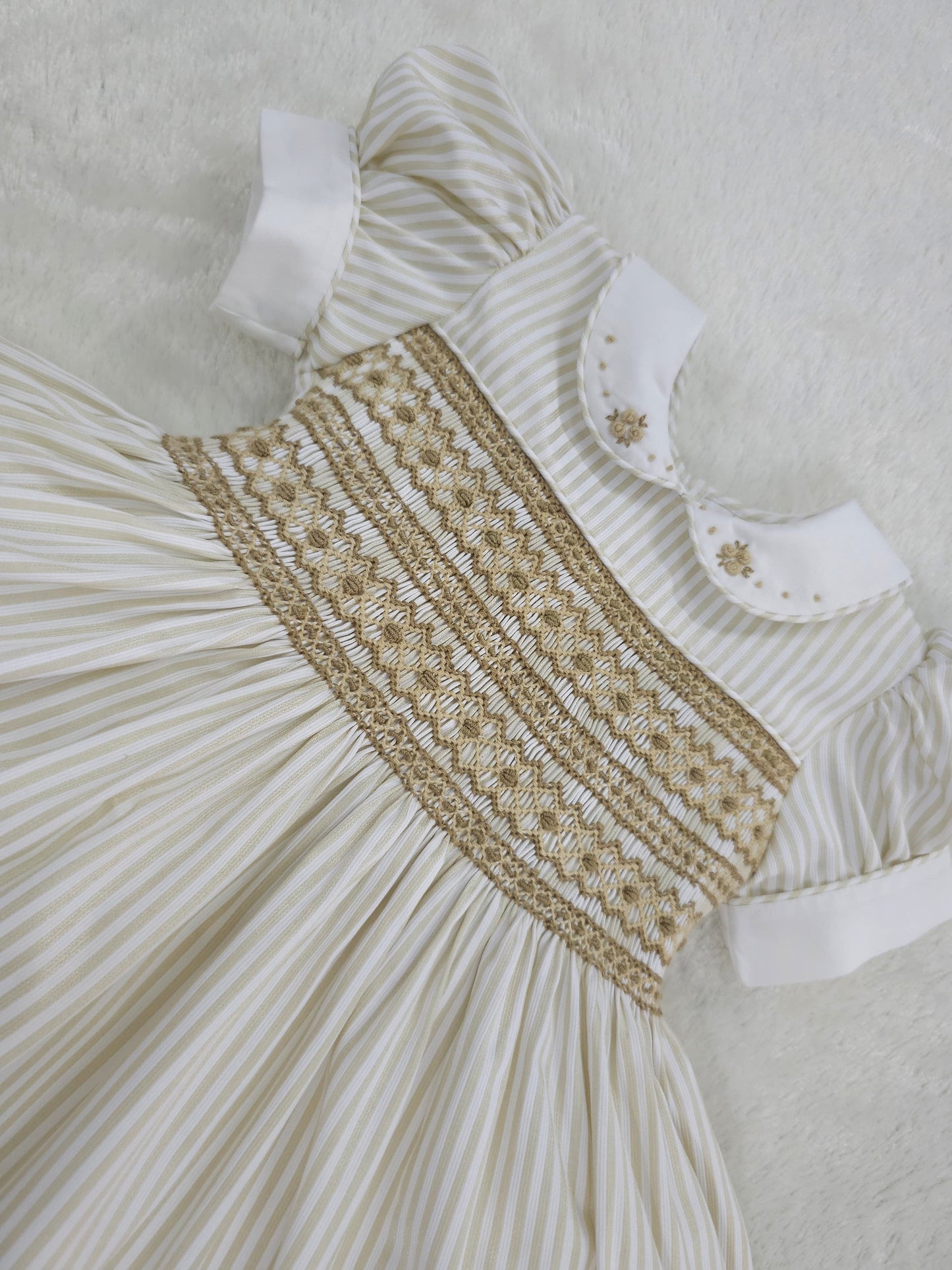 Gold and white striped dress with tan smocking ( got matching boys suit available )
