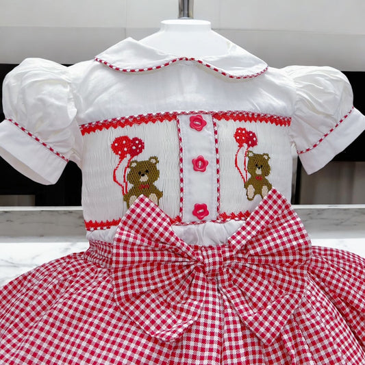 Girls red checkered smocked teddy bear skirt set ( got matching romper & boys suit available )