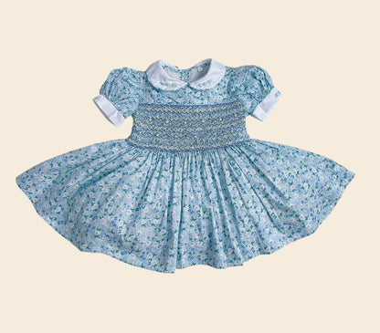 Blue Floral Hand-Smocked Dress