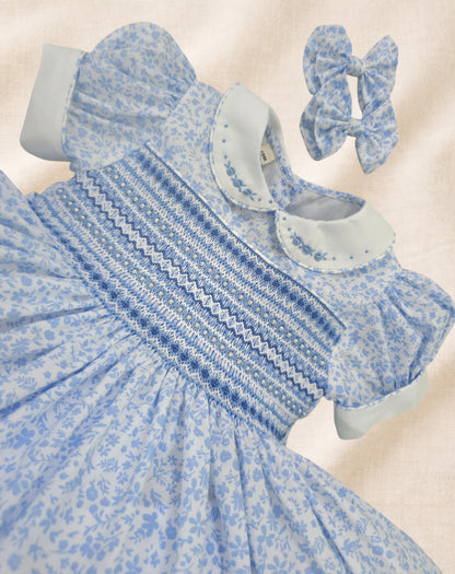 Blue Ditsy Floral Hand-Smocked Dress