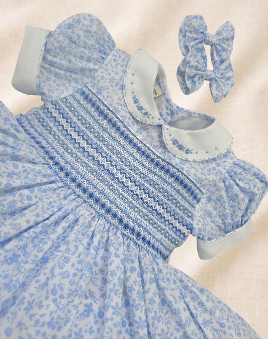 Blue Ditsy Floral Hand-Smocked Dress
