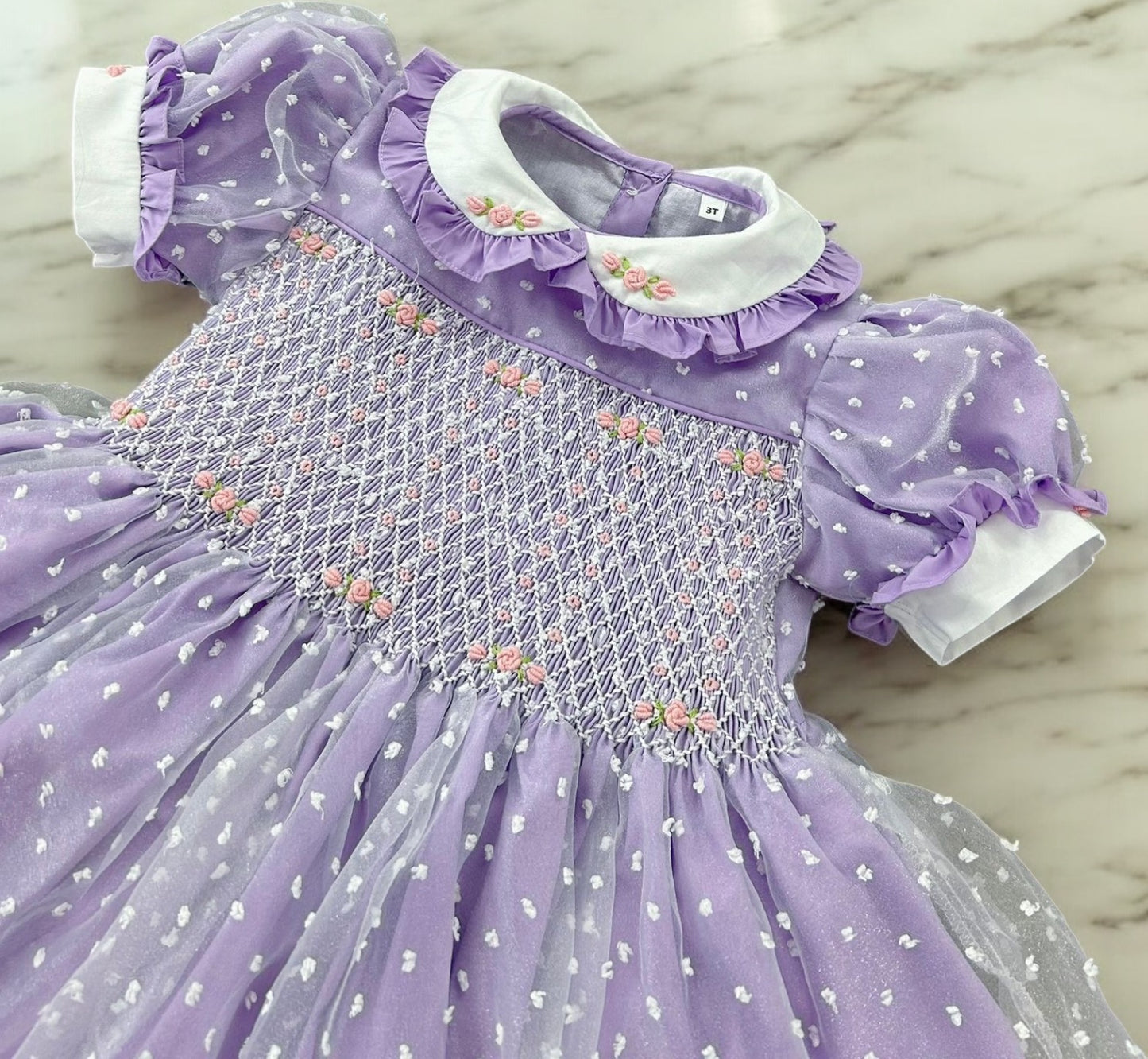 Lilac organza smocked dress with pink embroidery