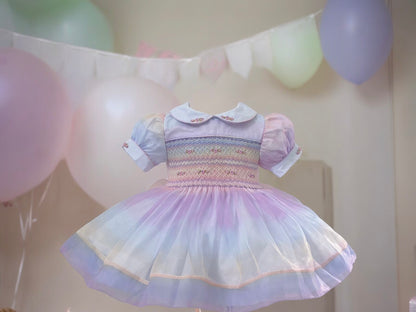 Ombre organza regenboog gesmokte jurk
