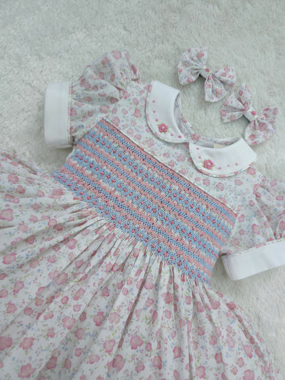Pink and blue floral smocked dress