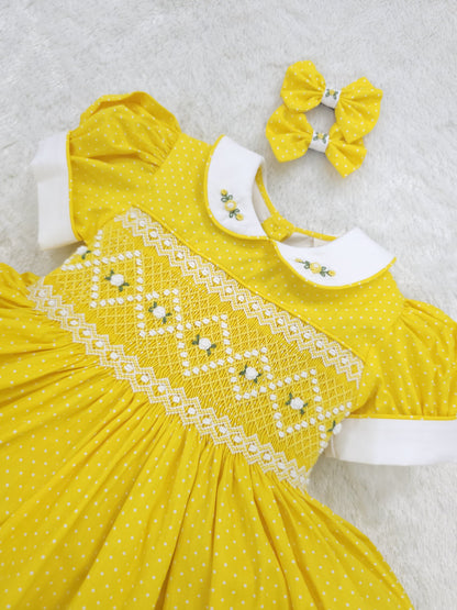 Yellow Polkadot with white smocking