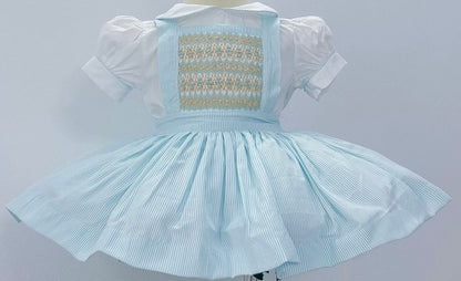 Blue stripe with gold smocked pinafore dress ( got matching boys suit )