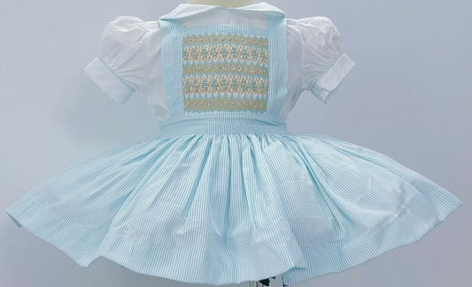 Blue stripe with gold smocked pinafore dress ( got matching boys suit )