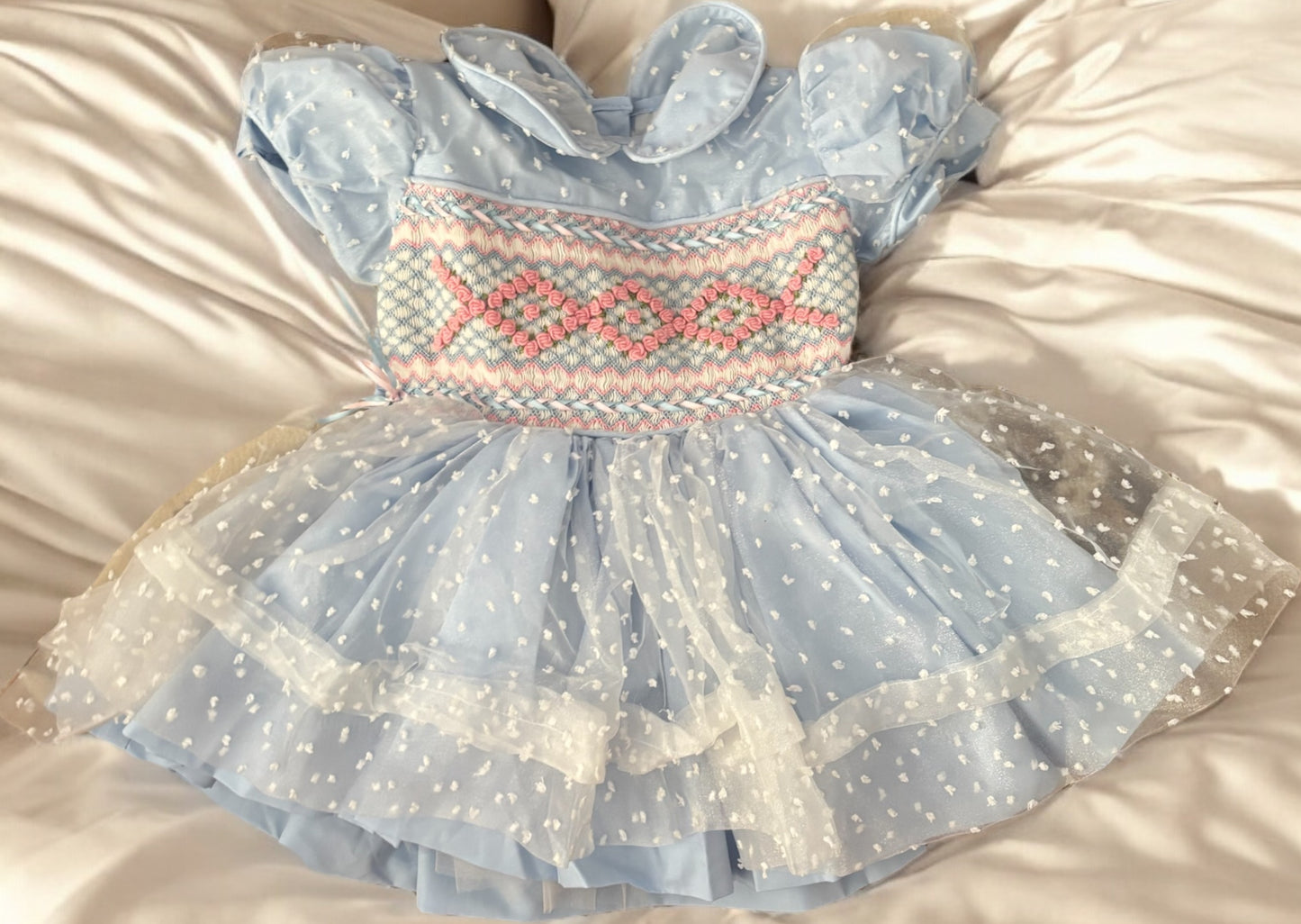 Baby blue organza Swiss dot with pink smocking and ribbon NO BOWS