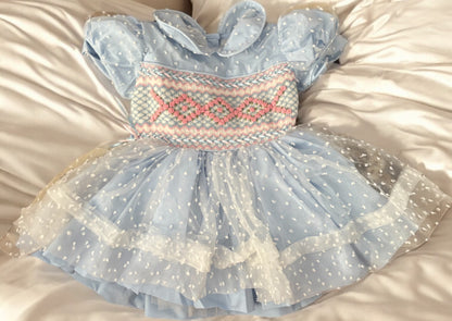 Baby blue organza Swiss dot with pink smocking and ribbon NO BOWS