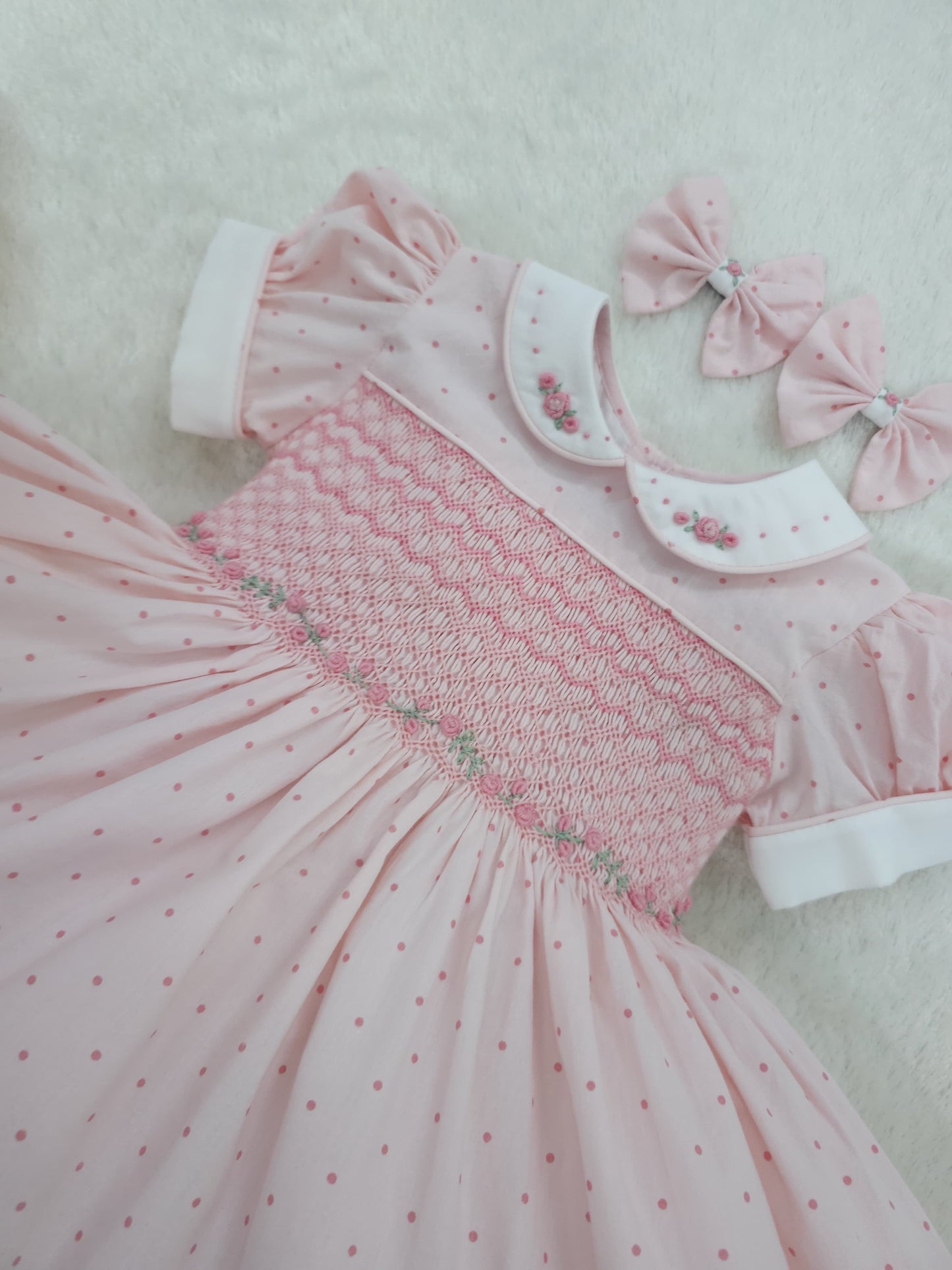 Pink polkadot smocked dress HERE IN 10 DAYS