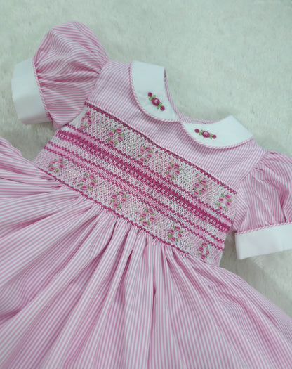 Pink stripe hand smocked dress