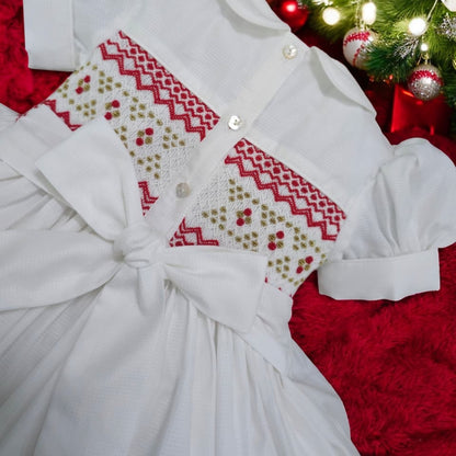 White smocked back and front with red and gold ( for matching boys suit ) PRE ORDER HERE IN 2-3 WEEKS