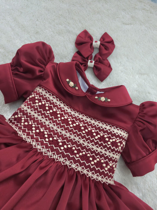 Burgandy with cream smocking PRE ORDER HERE IN 3 WEEKS