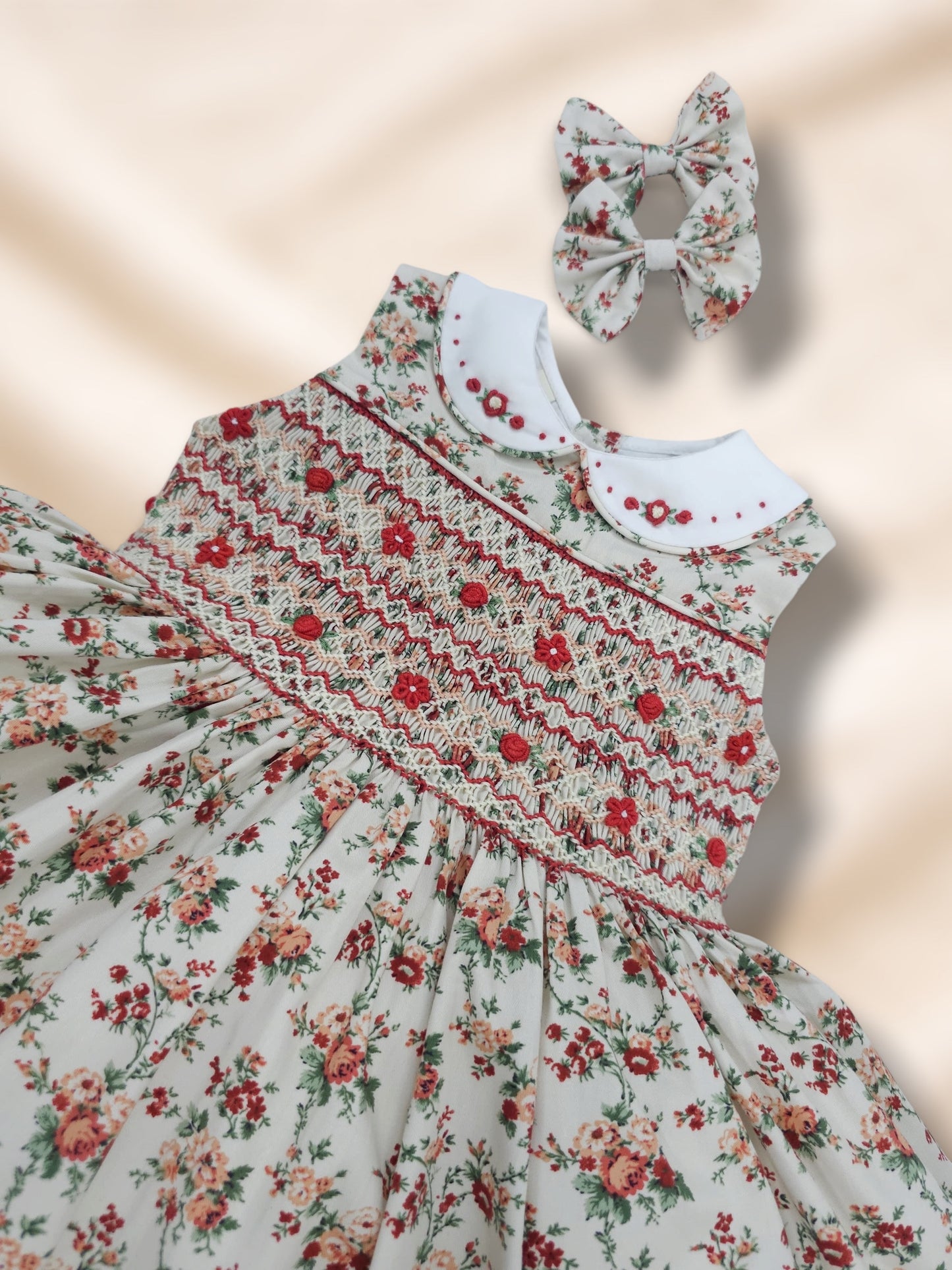 Vintage Style Red Floral Hand-Smocked Sleeveless Dress