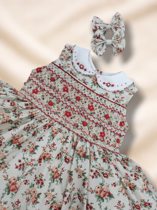 Vintage Style Red Floral Hand-Smocked Sleeveless Dress