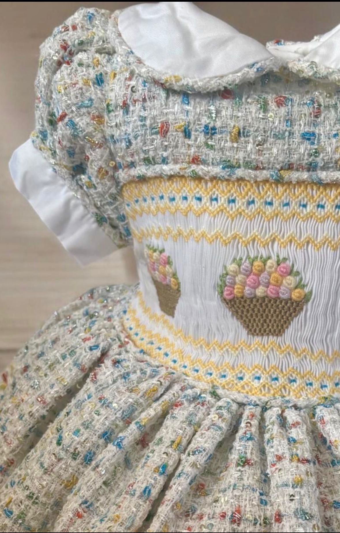 Sparkle multi colour tweed with flower baskets smocked dress