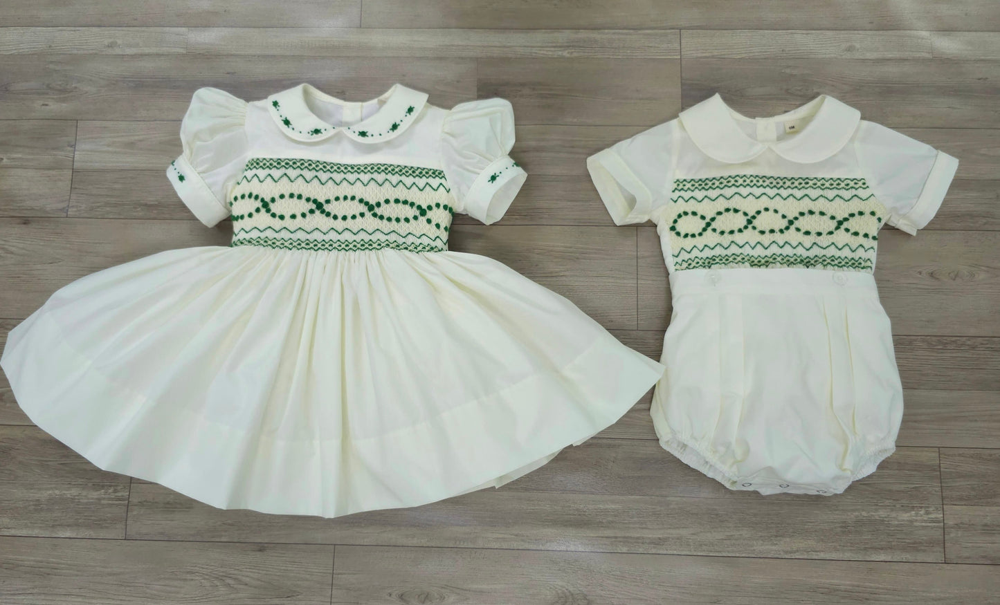 Cream and green smocked back and front ( got matching boys suit available ) PRE ORDER HERE JN 2-3 WEEKS
