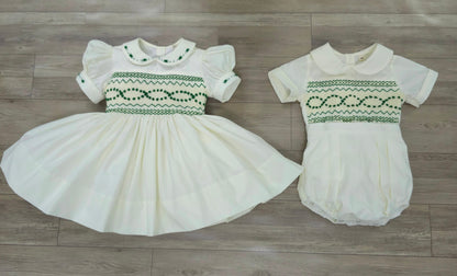 Cream and green smocked back and front ( got matching boys suit available ) PRE ORDER HERE JN 2-3 WEEKS