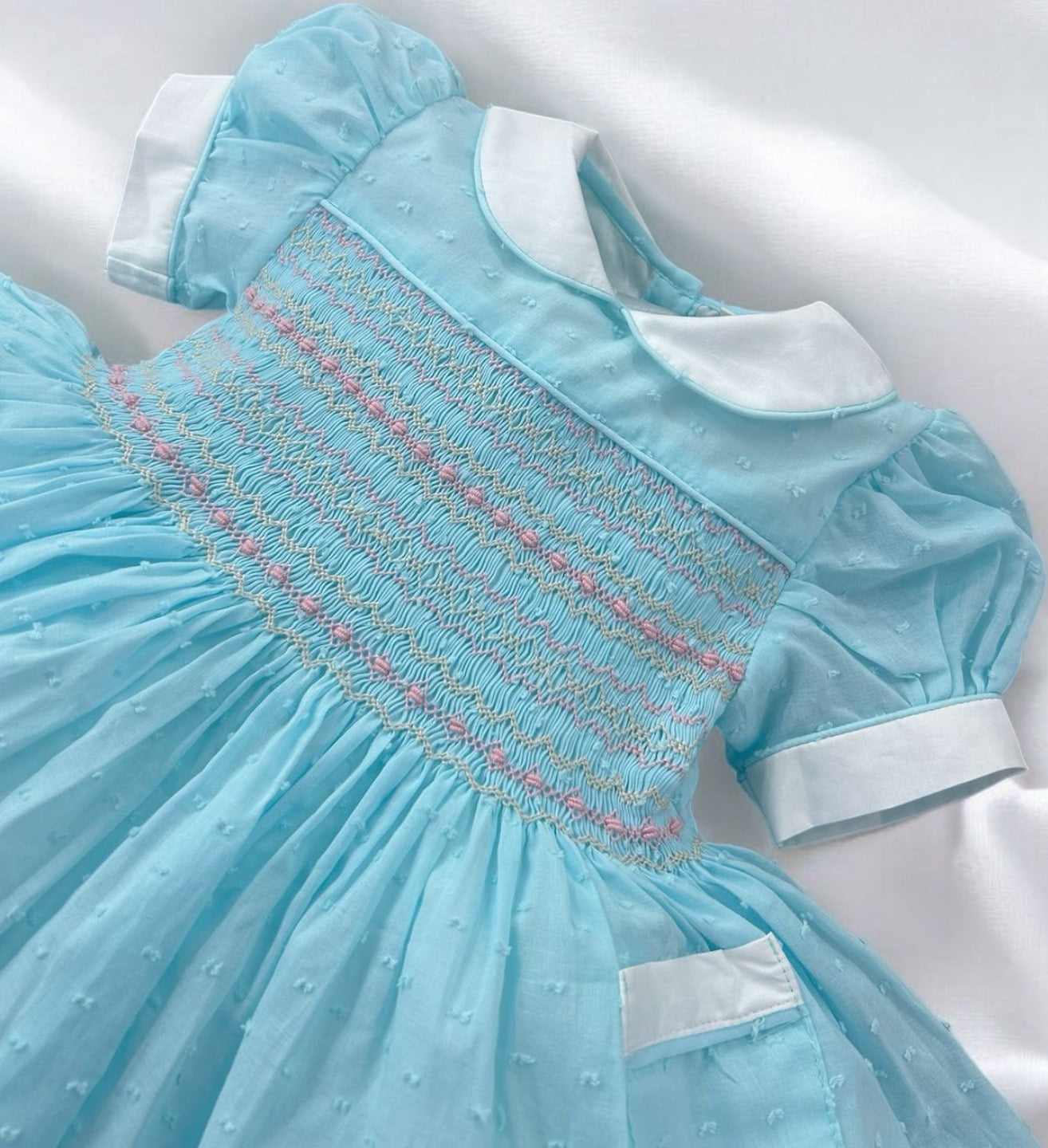 Turqoise blue Swiss dot smocked dress with pockets