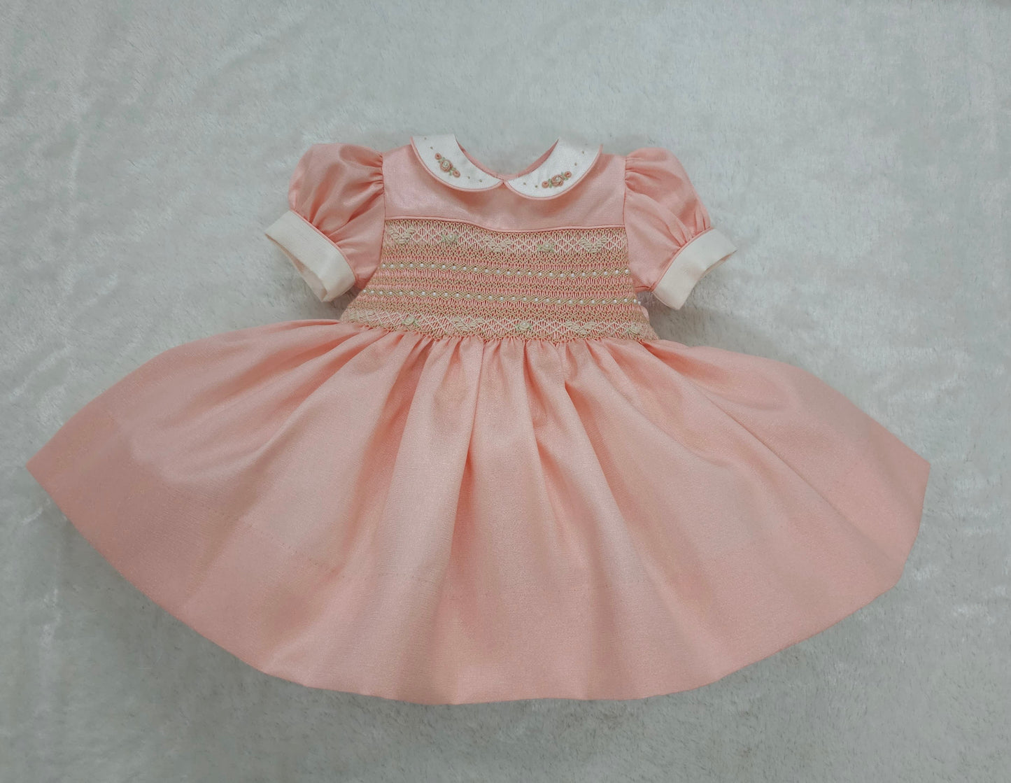 Peach taffeta shimmer smocked dress