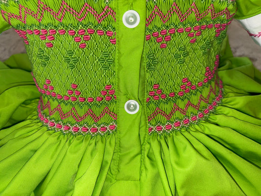 Bright green with hot pink smocked back and front