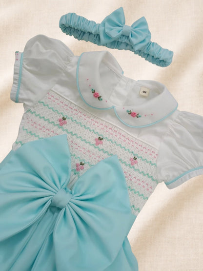 Mint/Turquoise girls hand smocked romper