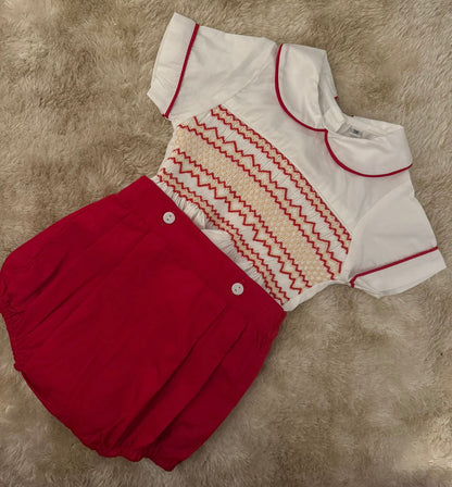 Red smocked boys suit ( got matching girls romper available )