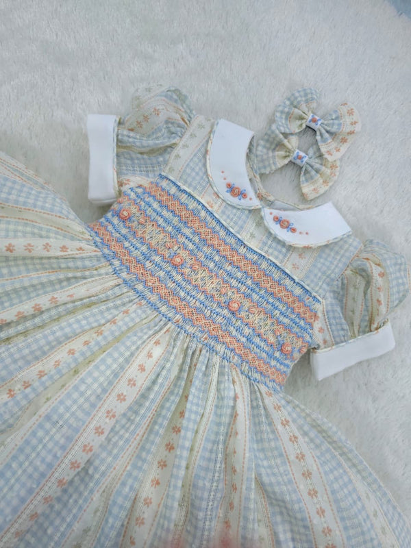 Orange and blue checkered vintage fabric smocked dress