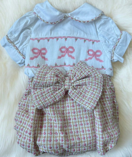 Tweed bow smocked romper