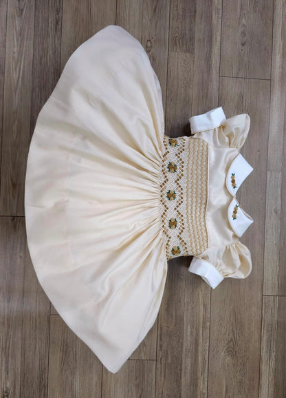 Cream and gold with tan smocking