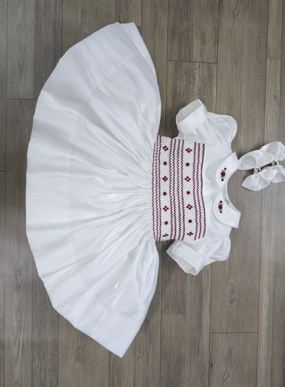 White with burgandy smocking and pearls PRE ORDER HERE IN 3 WEEKS