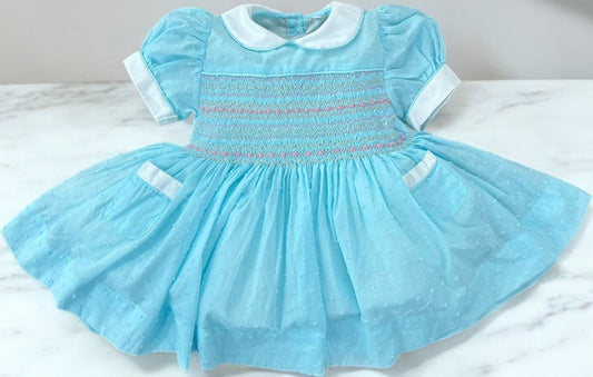 Turqoise blue Swiss dot smocked dress with pockets