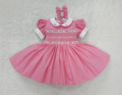 Pink polkadot with white smocking and embroidery ( got matching romper available )