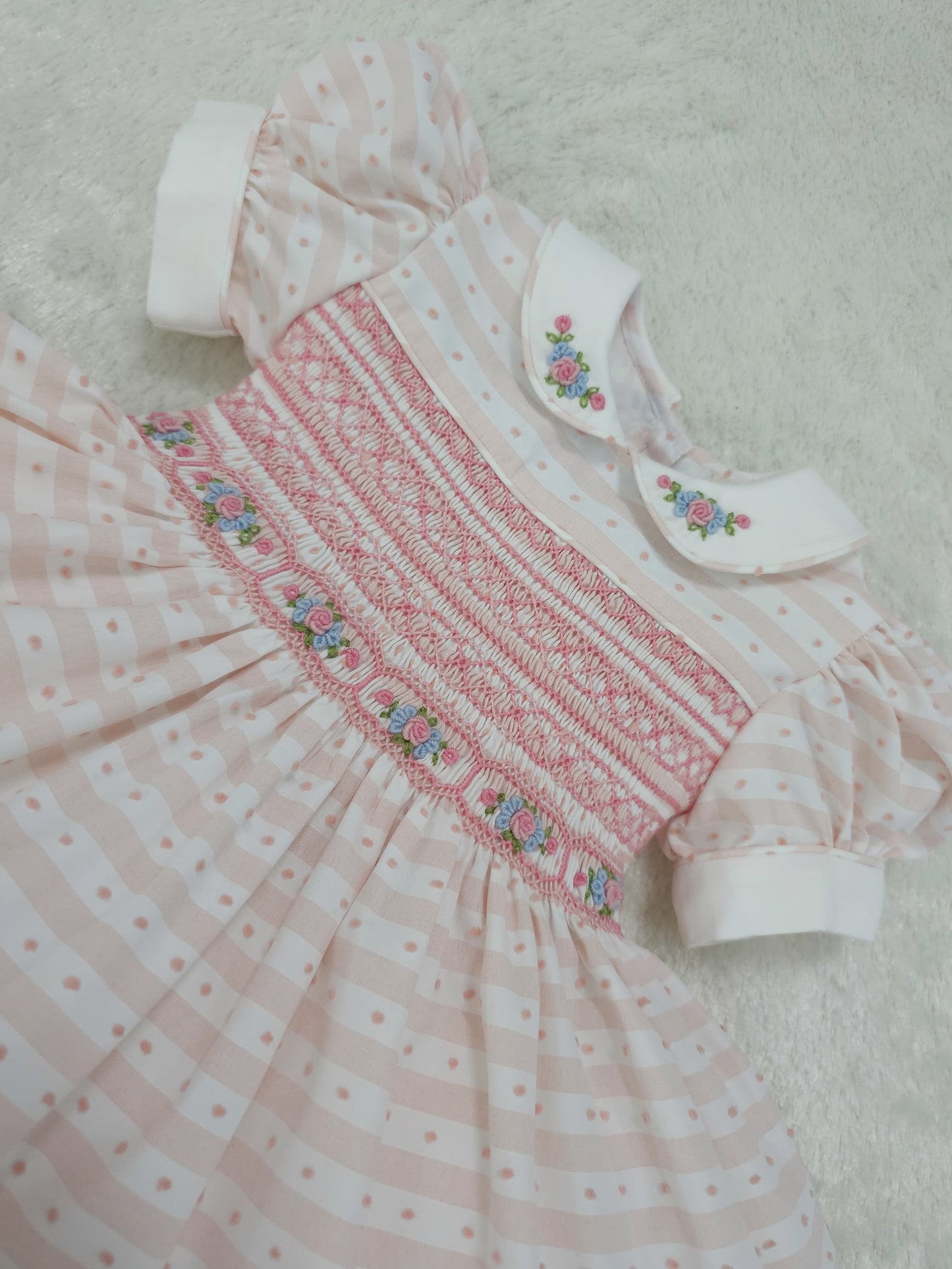 Baby pink striped Swiss dot smocked dress