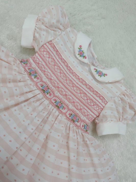 Baby pink striped Swiss dot smocked dress