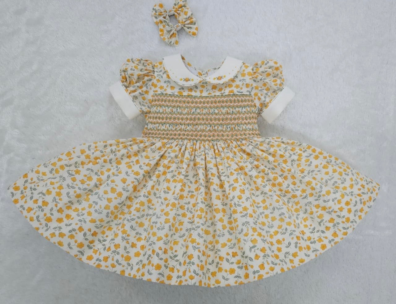 Yellow and sage green floral smocked dress HERE IN 7-10 DAYS