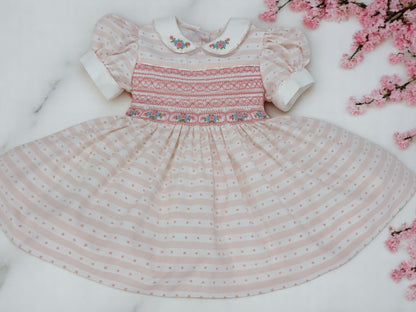 Baby pink striped Swiss dot smocked dress