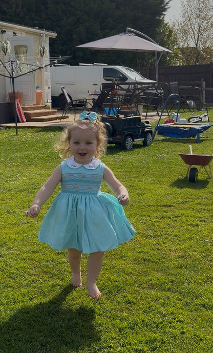 Hand Smocked Baby Girl Dress UK | Mint Sleeveless Dress with Pink Smocking | Matching Boys Outfit | Baby Jones Ltd