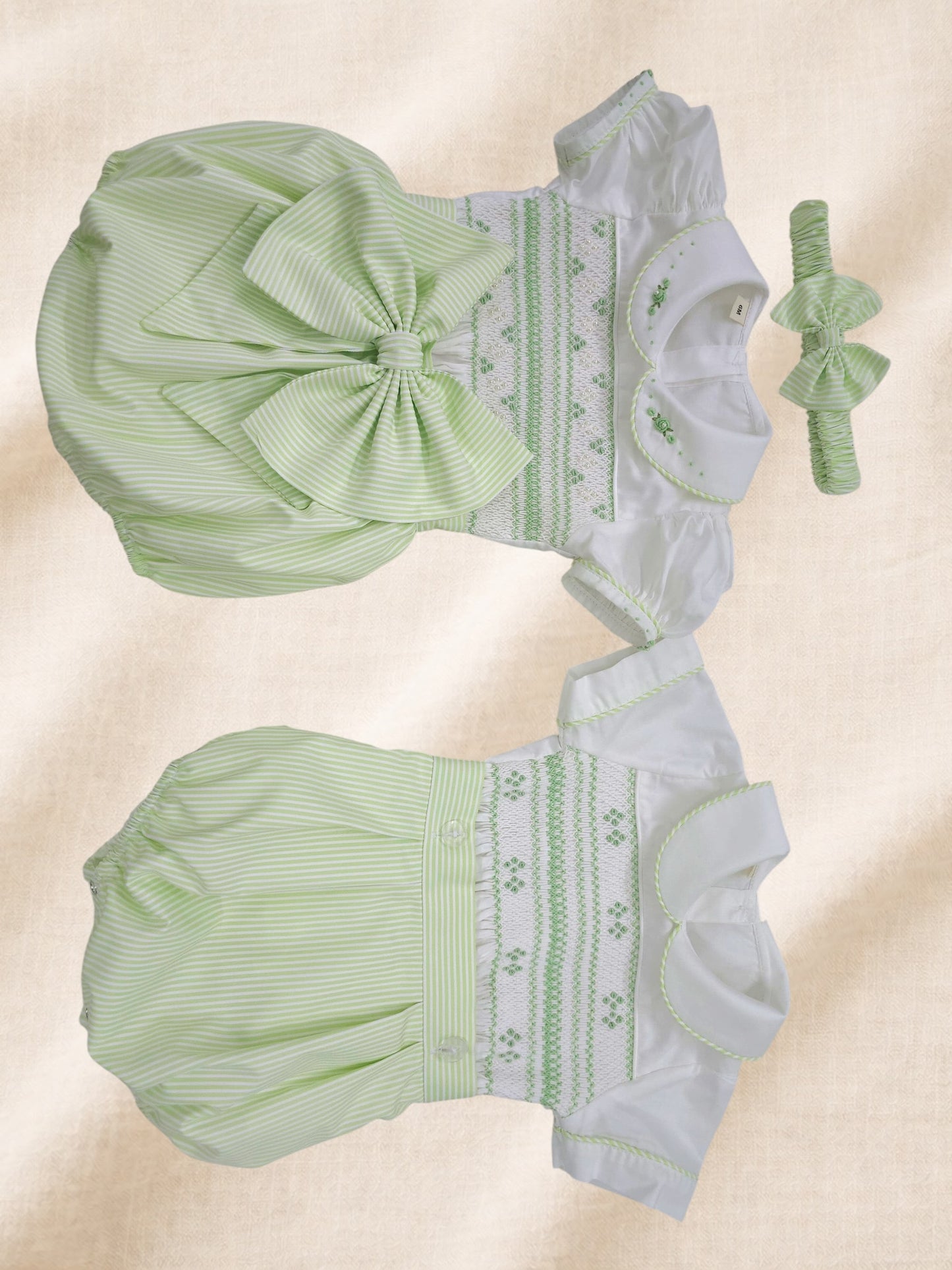 Apple green stripe hand smocked girls romper