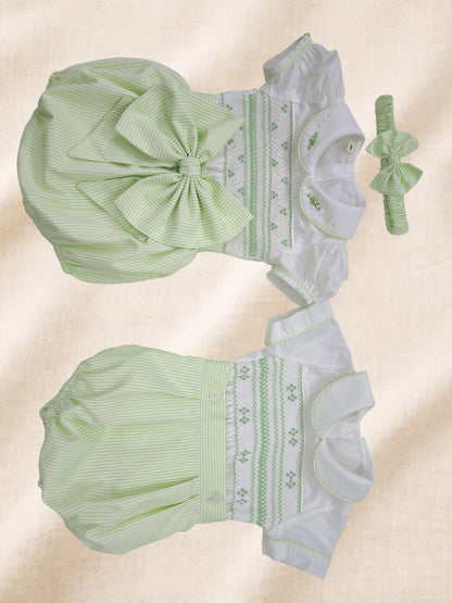 Apple green stripe hand smocked girls romper