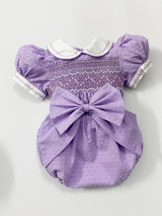 Luxe lilac Swiss dot smocked romper