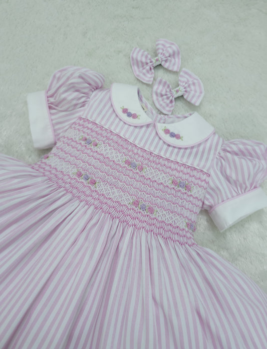 Pink and white stripe with pink and lilac smocking