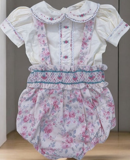 Girls floral romper with smocked waistband and cream shirt ( got matching dress available?
