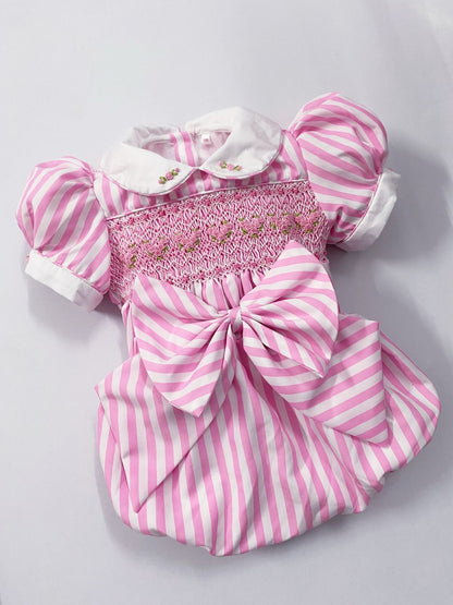 Pink luxe stripe smocked romper comes with hair bow