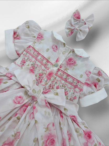 White rose floral smocked back and front