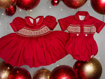 Red and gold smocked back & front dress
